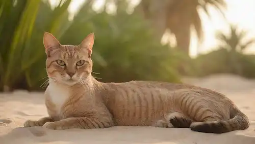 Un gato egipcio sereno que descansa sobre una duna de arena dorada, rodeado de frondosas palmeras verdes, con una suave puesta de sol en el fondo, unos pocos pergaminos de papiro dispersa cerca