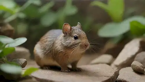 3-4 degus en un terrario, luz suave, entorno natural, vegetación, acentos de madera, pequeñas rocas decorativas, pequeños puentes o túneles, expresiones faciales lindas, poses juguetonas