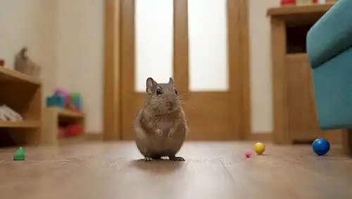 Un lindo degu sentado en un suelo de madera, rodeado de juguetes y escondites, con una persona sosteniendo suavemente en una mano, un tazón de alimentación cerca, una pequeña puerta o entrada de túnel, un fondo borroso que sugiere un salón o dormitorio