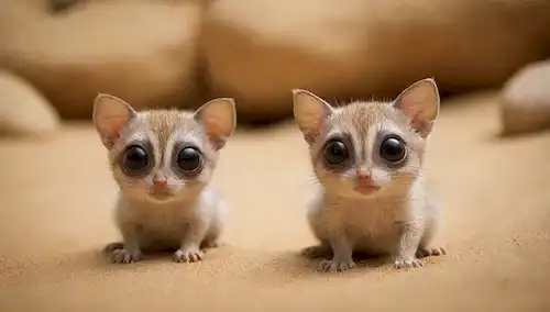 2 pequeños mamíferos con ojos grandes y orejas redondeadas, en un fondo caliente, posiblemente con un entorno natural como arena o rocas, uno cavando en la arena mientras el otro está mirando desde detrás de una roca, transmitiendo un sentido de curiosidad y juguetón, colores brillantes