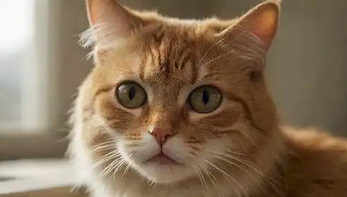 Un amigo felino con piel madura y enredada, rasguños en la piel, orejas babeando, silbidos doblados, patas temblando, ojos enrojecidos, y un sutil guiño en la cara