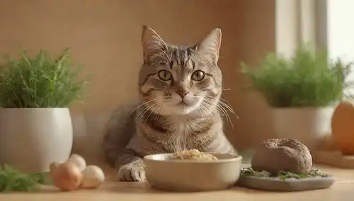 ilustración 3D de un gato feliz sentado en una mesa con un cuenco de comida sabrosa, rodeado de hierbas frescas como taurina, con algunos juguetes de gato y postes de rascacielos cercanos, en un cálido y acogedor color de fondo, transmitiendo un sentido de comodidad y alegría