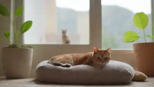 Una sala de estar cálida y acogedora con un gato saltando sobre un cojín suave, rodeado de juguetes y golosinas de felpa, unas pocas plantas de catnip en macetas cercanas, un tazón de gato lleno de agua fresca y comida, un poste de arañazo en la esquina, luz natural fluyendo a través de grandes ventanas
