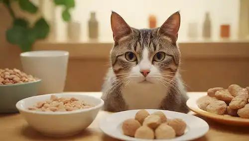 ilustración 3D, cara de gatos, varios platos alimenticios, suplementos nutricionales, utensilios, gato feliz comer, fondo tranquilo, colores cálidos, atmósfera acogedor