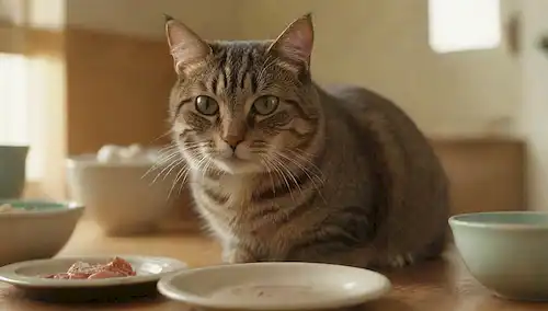 Gato batido sentado en una mesa de madera, rodeado de cuencos y utensilios, con un plato de comida delante, posiblemente incluyendo pescado o huevos, junto a un cuenco de agua y un juguete para gatos, enfoque suave, tonos de color cálido, luz natural
