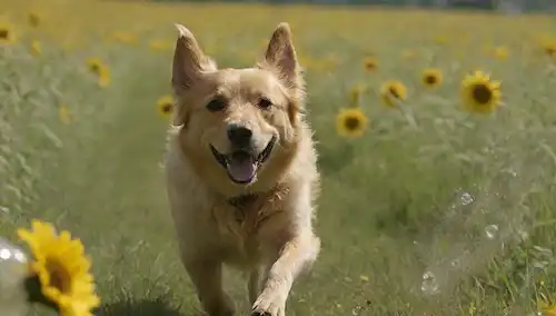 un perro juguetón corriendo en un prado verde con girasoles, rodeado de burbujas que se levantan de una botella de agua en la esquina, y un reloj de parada que se mueve sobre su cabeza con una sonrisa
