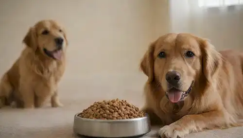 Un cuenco con comida para perros secos, una feliz cabeza de recuperadores dorados mirando hacia fuera, un reloj o temporizador en el fondo, una sala de estar borrosa, iluminación caliente, un ambiente agradable