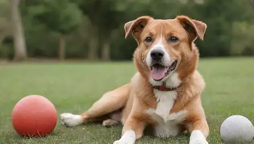 Un perro feliz con una cola ondulante, una construcción muscular y orejas flojas; un abrigo marrón o de color marrones con marcas blancas; sentado en un césped pastoso o jugando en un parque; rodeado de juguetes, bolas y otros accesorios para perros; capturar la naturaleza lúdica y energética de la raza