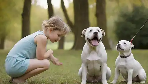 Un Dogo Argentino feliz rodeado de otros dos perros amistosos, un niño acariciando su cabeza, una persona que sostiene su correa, y un fondo borroso con árboles o hierba, transmitiendo amistad, alegría e interacción social
