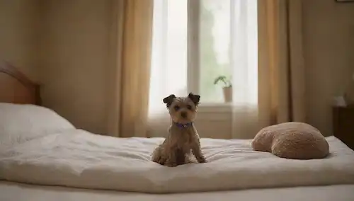 Una habitación cálida y acogedora con una pequeña cama de perro en la esquina, un animal relleno en la parte superior, unos juguetes dispersos alrededor, una ventana con una brisa suave soplando a través de cortinas, una manta de aspecto suave se extendió cerca