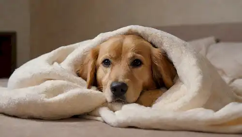 Un ambiente cálido y acogedor con un joven recuperador de oro acostado en su lado, una cama de perro de lujo en el centro, y una manta reconfortante envuelto alrededor de él