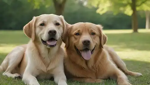 2-3 perros felices, una persona o un niño acariciando / abrazarlos, fondo de enfoque suave con colores calmantes como azul o verde, entorno natural como un parque o patio trasero, iluminación suave con sombras, ambiente cálido y acogedor