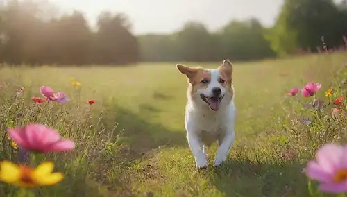 Un perro alegre en un prado verde, corriendo con la cola ondeando, rodeado de coloridas flores y rayos del sol, transmitiendo felicidad y amistad