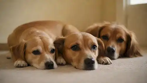 2 perros en varias posiciones (bajar, sentarse), fondo de enfoque suave, iluminación cálida y acogedora, pinceladas suaves, textura sutil, atmósfera lúdica y afectuosa, tal vez algunos juguetes o accesorios en la escena