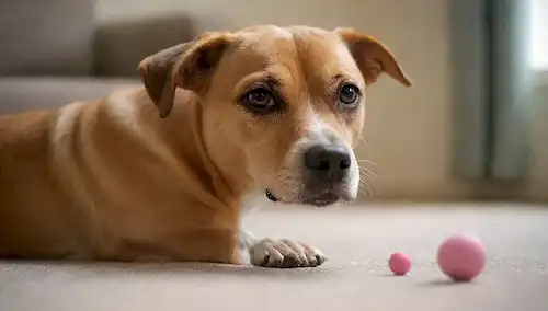 Un perro juguetón con una expresión enigmática, alcanzando una picazón invisible en la espalda; otro perro en el fondo distraído por una bola o juguete; una mano borrosa o un dedo que intenta rascar el primer lugar de perros; un enfoque suave y borroso en toda la escena; calma y luz natural