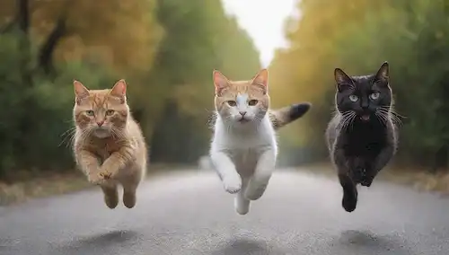 2-3 gatos corriendo o saltando en unísono, expresiones alegres, fondo colorido, efecto de movimiento borroso, ilustraciones caricaturas