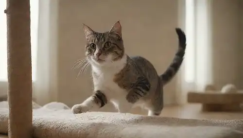 Un gato juguetón saltando sobre los obstáculos, un gato curioso escalando un poste de arañazos, un gato feliz persiguiendo una pelota, un gato ágil corriendo a través de los túneles, un gato de contenido saltando en una cama acogedor