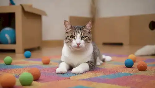 Un gato juguetón en la parte media del montón, rodeado de juguetes gatos y postes de arañazo; un gato feliz saltando en una estera colorida con bolas y túneles cerca; un gato curioso mirando por detrás una caja de cartón lleno de agujeros y golosinas; un grupo de gatos apilados como dominó en una alfombra suave;