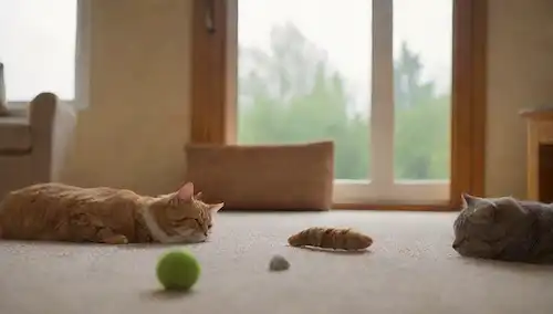 Una habitación cálida y acogedora con una ventana que deja en luz natural, unos pocos juguetes de gato dispersos, un post de rasguño, una alfombra de felpa, y uno o dos gatos saltando o jugando cerca, transportando relajación y comodidad