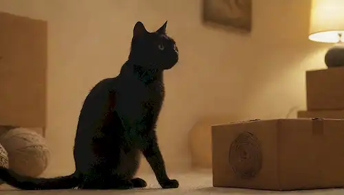 Silueta de gato 3D, jugando con cajas de cartón, bola de hilo desenrollando, post de rascacielos en fondo, ambiente acogedor, iluminación cálida, enfoque suave