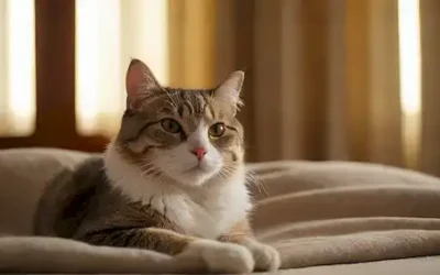 Un gato tranquilo se encogió en una manta suave