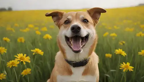 ilustración 3D de un perro feliz, aislado en un fondo blanco, rodeado de flores amarillas y verdes, con una sutil textura de hierba, y algunos insectos volando alrededor, transmitiendo calidez e inocencia
