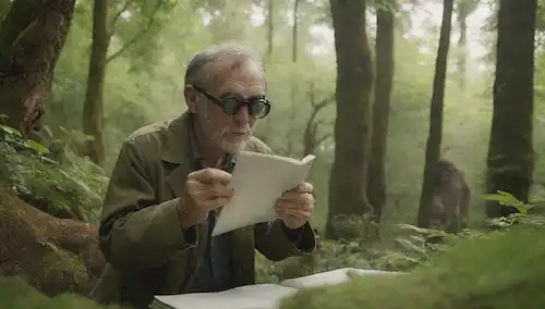 Un científico observando animales en un hábitat natural, con binoculares y cuaderno, en medio de una vegetación exuberante, el sol filtrando a través de árboles, posiblemente incluyendo especies específicas de animales como monos o aves en vuelo, transmitiendo curiosidad y atención al detalle