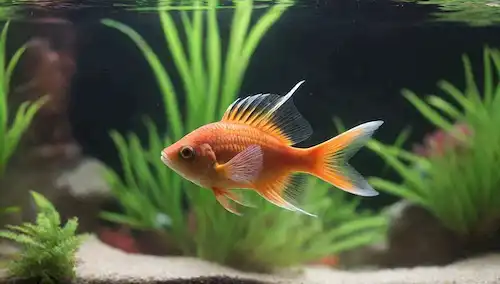 Un disparo de cerca de un pez de cola de abanico vibrante y de largo alcance nadando en un acuario bien mantenido