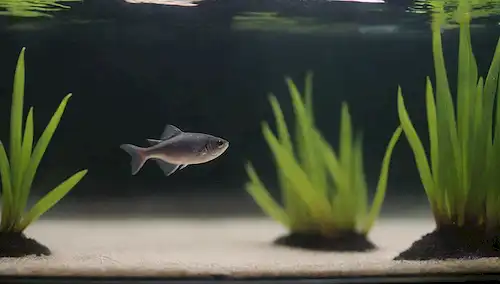 un tanque con un tetra negro nadando en frente, agua transparente con algunas plantas acuáticas visibles, fondo borroso, luz cálida y sombras, un pequeño calibre de temperatura en el lado, tira de prueba de pH colgando del borde