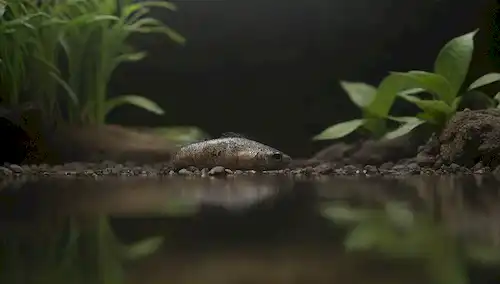 un ambiente acuático pequeño y pacífico con tetras negros nadando en escuelas, plantas verdes exuberantes que rodean una característica de agua, iluminación cálida iluminando la escena, una sutil reflexión sobre el agua superficial tranquila, y algunos elementos decorativos como rocas o madera de deriva