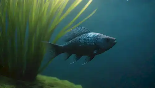 Un pez de color oscuro con escalas iridiscentes