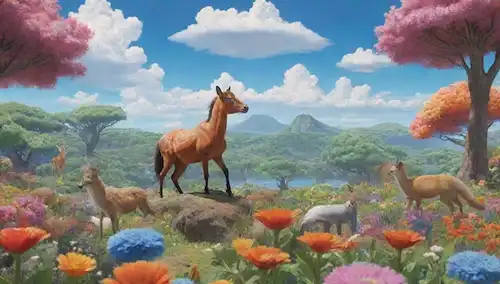 Ilustración colorida de diversos animales en diversos ambientes, incluyendo bosques, océanos, desiertos y ciudades, con algunos interactuando entre sí, rodeado de flores y árboles vibrantes, bajo un cielo azul brillante con nubes blancas suaves
