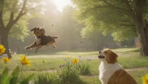 Un día soleado cálido con árboles, un animal de dibujos animados sonriente, flores, un pájaro volando sobre la cabeza, una mariposa aterrizando en las hojas, un gato y un perro de aspecto amistoso acurrucando juntos