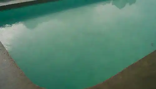 Un disparo cercano de una piscina azul-verde agua con una capa de filamentos gruesos y delgados flotando en la parte superior, unas pocas personas se hunden por el lado, y un crecimiento de algas verde-rojo visible en el suelo de la piscina