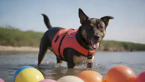 un perro en el agua, rodeado de juguetes y golosinas, usando una chaqueta de vida, divirtiéndose y jugando a salvo, con la luz del sol reflejando fuera de la superficie, un fondo tranquilo y tranquilo, quizás algunas bolas de playa o inflables cercanos