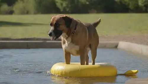 Un perro tranquilo en una piscina, agua salpicando suavemente alrededor de ella, sol brillando en la superficie, con una línea de vida o boya cerca para el soporte, la expresión perros serena y relajado