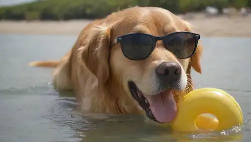 Un perro recuperador de oro feliz jugando con un juguete de goma en agua tranquila y clara; un par de manos con gafas de sol que llevan un anillo de vida flotante cerca; una playa serena o fondo junto a la piscina; sol reflectante en la superficie de las aguas