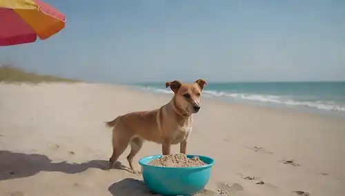 Una soleada escena de playa con una suave ola, un perro tranquilo jugando en aguas poco profundas, una persona que proporciona sombra bajo un paraguas colorido, un refrescante vaso de agua que se derrama en un tazón, y una duna suave y arenosa en el fondo