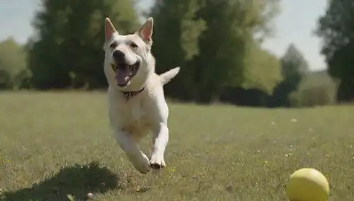 Un perro feliz corriendo en un campo con una bola volando por el aire, rodeado de sol, árboles y flores, con alegres expresiones faciales en la gente mirando desde los laterales, mostrando emoción y diversión, contra un cielo azul brillante