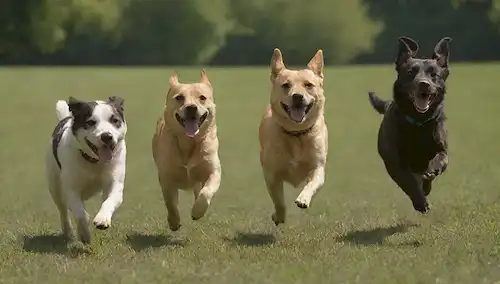 4 perros corriendo juntos, un disco volador en el aire, una expresión alegre en sus rostros, luz solar brillante con largas sombras, un campo o parque pastoso, un sentido de energía y juguetón