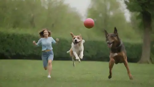 3-5 canines persiguiendo una bola voladora en medio del aire