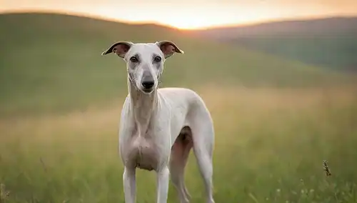 Un galgo italiano en un prado verde al atardecer, rodeado de flores silvestres y hierbas largas, con un fondo borroso de colinas onduladas, mostrando su cuerpo magro, cejas boscosas y orejas flojas, con una expresión suave y postura relajada, tal vez olfateando o explorando el entorno