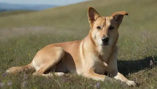 Un perro hermoso, de larga duración, de color sedoso con una cara amistosa, sentado o tumbado en terrenos pastosos, rodeado de flores silvestres, rayos del sol brillando, y un paisaje distante con colinas rodantes, transmitiendo un sentido de serenidad y alegría