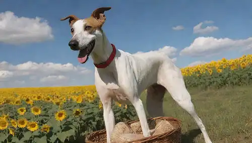 un perro Galgo Español sano con brillante capa, corriendo libremente en campo abierto, rodeado de girasoles, llevando cuello y etiqueta con colores de bandera española, junto a una cesta con golosinas, en un día soleado cálido con cielo azul y nubes blancas suaves, con viento suave soplando a través de hierba