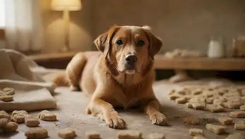 Una foto de tono cálido de un perro alegre, juguetón, rodeado de golosinas caseras de perros en diversas formas y colores, en una mesa de madera rústica con un ambiente acogedor, con texturas naturales como lino, madera y piedra, con algunos ingredientes frescos como harina, azúcar y nueces dispersas alrededor
