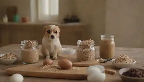 3-5 perros lindos sentados alrededor de una mesa con una variedad de ingredientes como avena enrollada, mantequilla de maní, miel, huevos y polvo de algarrobo, rodeado de utensilios de horneado y un fondo rústico, transportando la comodidad y la naturalidad