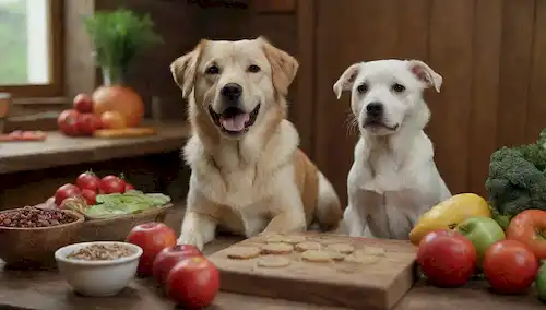3 adorables perros sentados sobre una mesa de madera rústica, rodeados de fruta fresca y verduras, con unas cuantas golosinas caseras dispuestas articulosamente delante de ellos