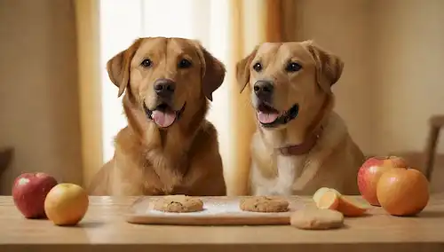 2 perros sentados sobre una mesa de madera, rodeados de rodajas de naranja y manzana, con 1 perro sosteniendo una galleta sin hornear en su boca, mientras que otro perro tiene unas cuantas migajas repartidas alrededor de sus patas, con un fondo beige cálido, con un toque de colores otoñales