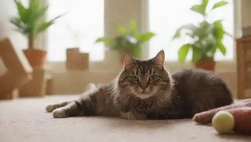 3-5 gatos jugando, saltando en una planta alfombrada, rodeado de juguetes y puestos de rascacielos, suave luz solar filtrando en una ventana, calmando fondo con plantas o libros