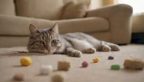Un gato acostado en un sofá desgastado con una expresión en blanco, rodeado de juguetes dispersos y conejitos de polvo, junto a un cuenco de comida vacía y una manta parcialmente triturada